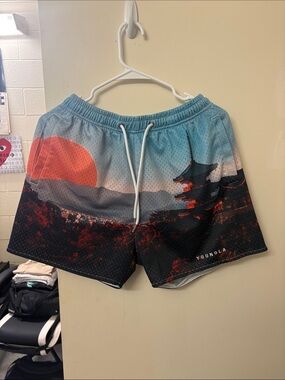 YoungLA Scenic Sunset Athletic Shorts - Blue with Red